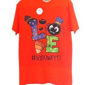 Love Halloween Sz M Orange LOVE Graphic Spider, Bat, Candy Corn, Hat, NWT Tee